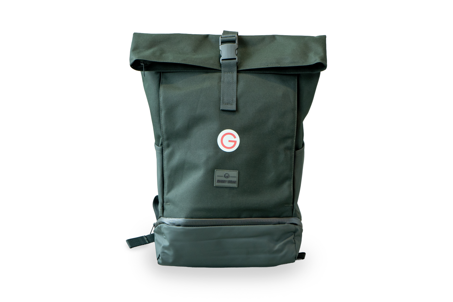 Dunkelgrüner Rucksack mit kleinem, roten Geiger "G"mit Geiger-Grünem Hintergrund vorne.