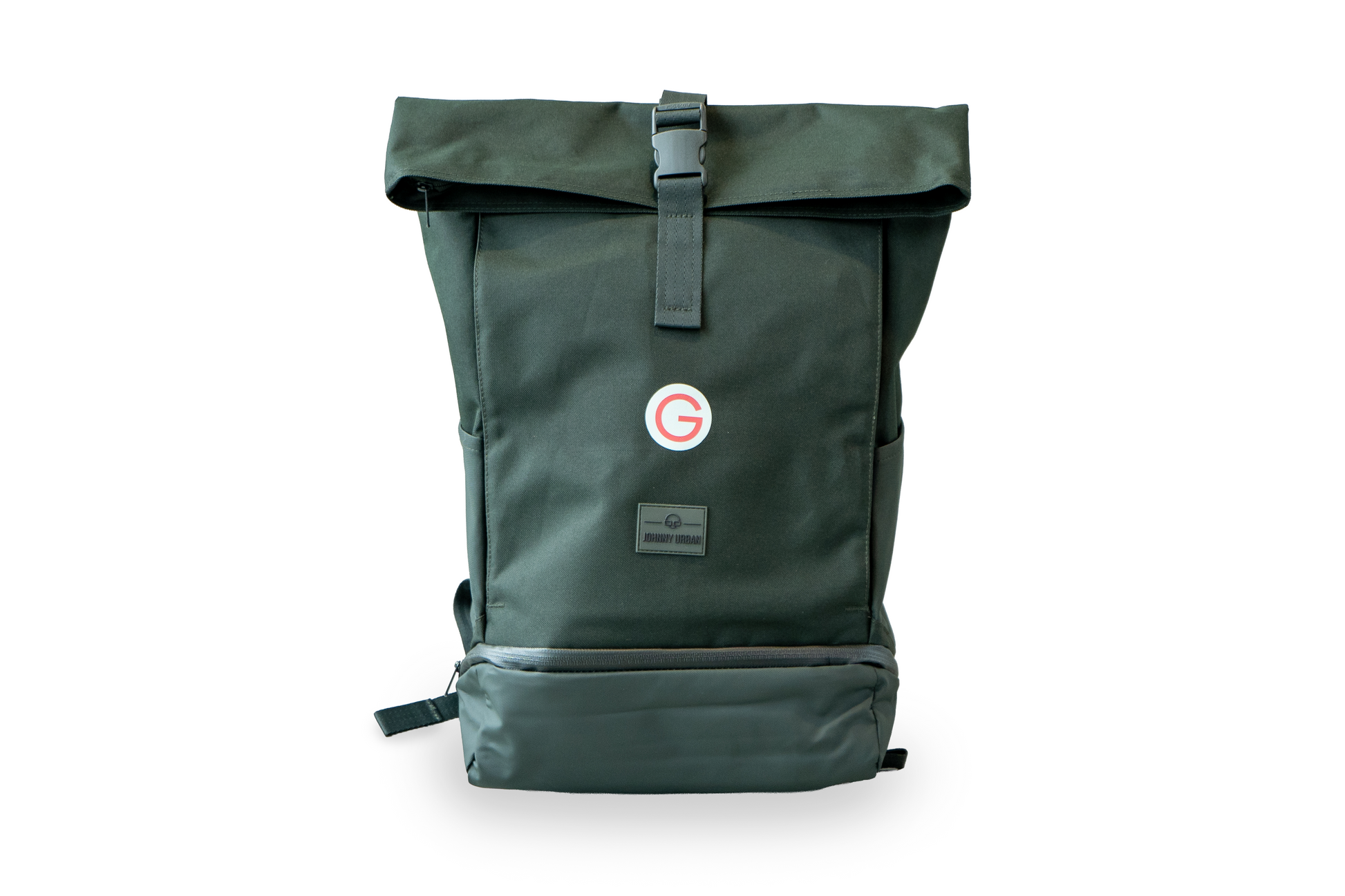 Dunkelgrüner Rucksack mit kleinem, roten Geiger "G"mit Geiger-Grünem Hintergrund vorne.