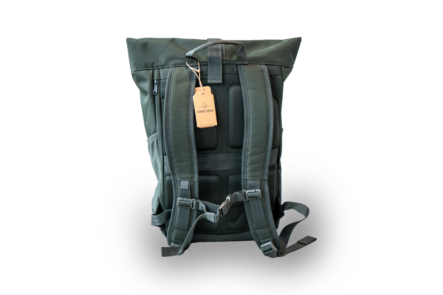 Dunkelgrüner Rucksack mit kleinem, roten Geiger "G"mit Geiger-Grünem Hintergrund vorne.