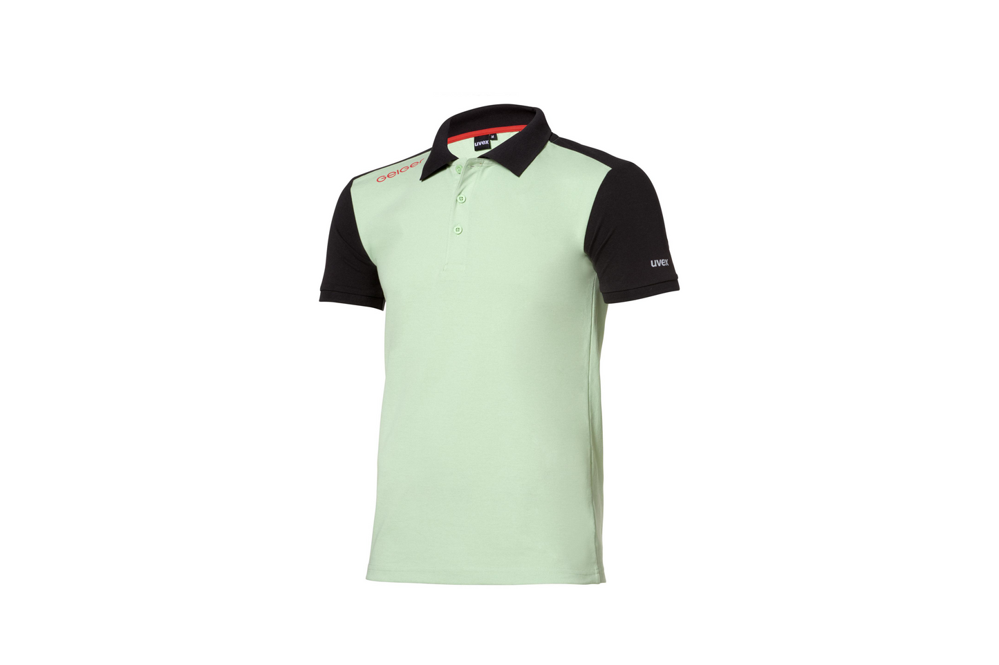 Geiger Poloshirt in Geiger-Grün mit schwarzen Ärmeln und rotem „Geiger“-Schriftzug auf Brust und Rücken.