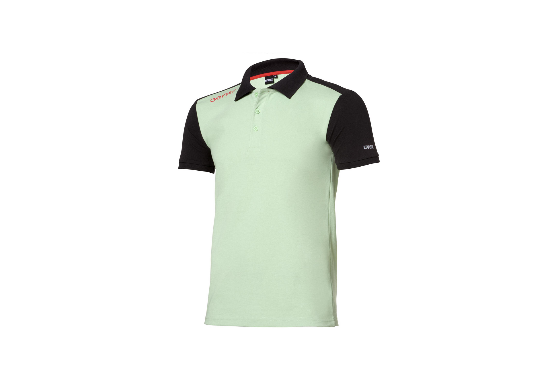 Geiger Poloshirt in Geiger-Grün mit schwarzen Ärmeln und rotem „Geiger“-Schriftzug auf Brust und Rücken.